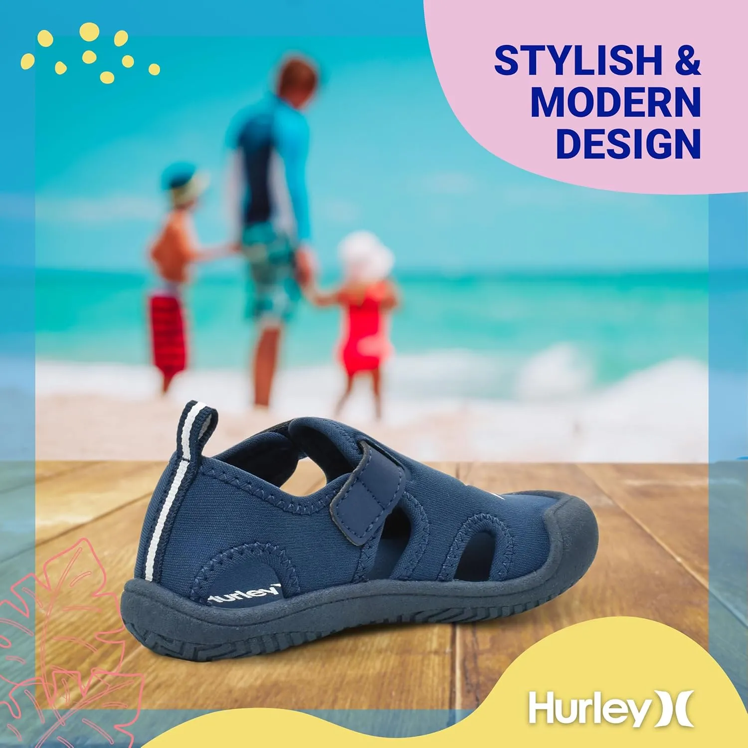 Hurley Kona Toddler Water Shoes - Beach Essentials, Girls and Boys Closed Toe Sandals, Lightweight, Breathable, Kids Water Shoes with Non-Slip Sole and Adjustable Straps, Outdoor Toddler Swim Shoes
