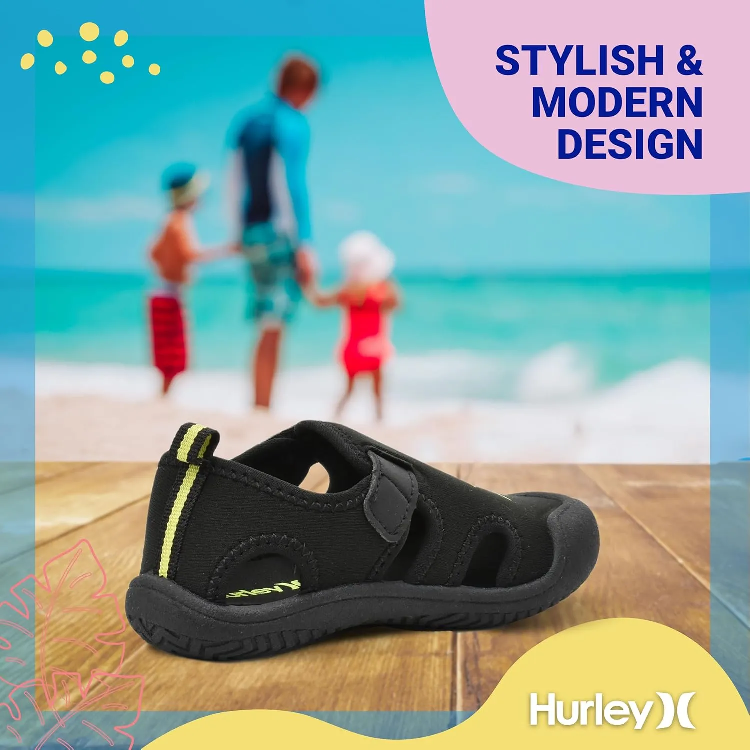 Hurley Kona Toddler Water Shoes - Beach Essentials, Girls and Boys Closed Toe Sandals, Lightweight, Breathable, Kids Water Shoes with Non-Slip Sole and Adjustable Straps, Outdoor Toddler Swim Shoes