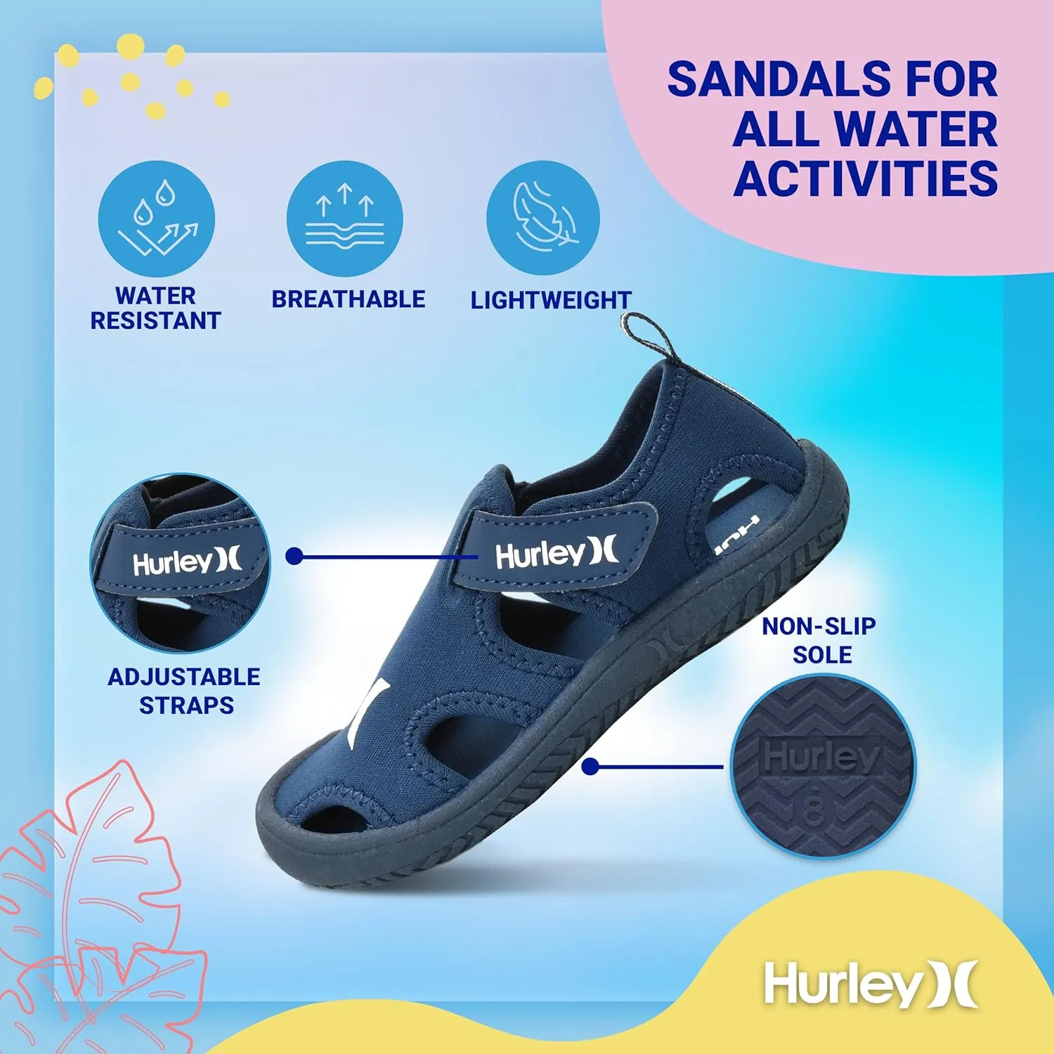 Hurley Kona Toddler Water Shoes - Beach Essentials, Girls and Boys Closed Toe Sandals, Lightweight, Breathable, Kids Water Shoes with Non-Slip Sole and Adjustable Straps, Outdoor Toddler Swim Shoes