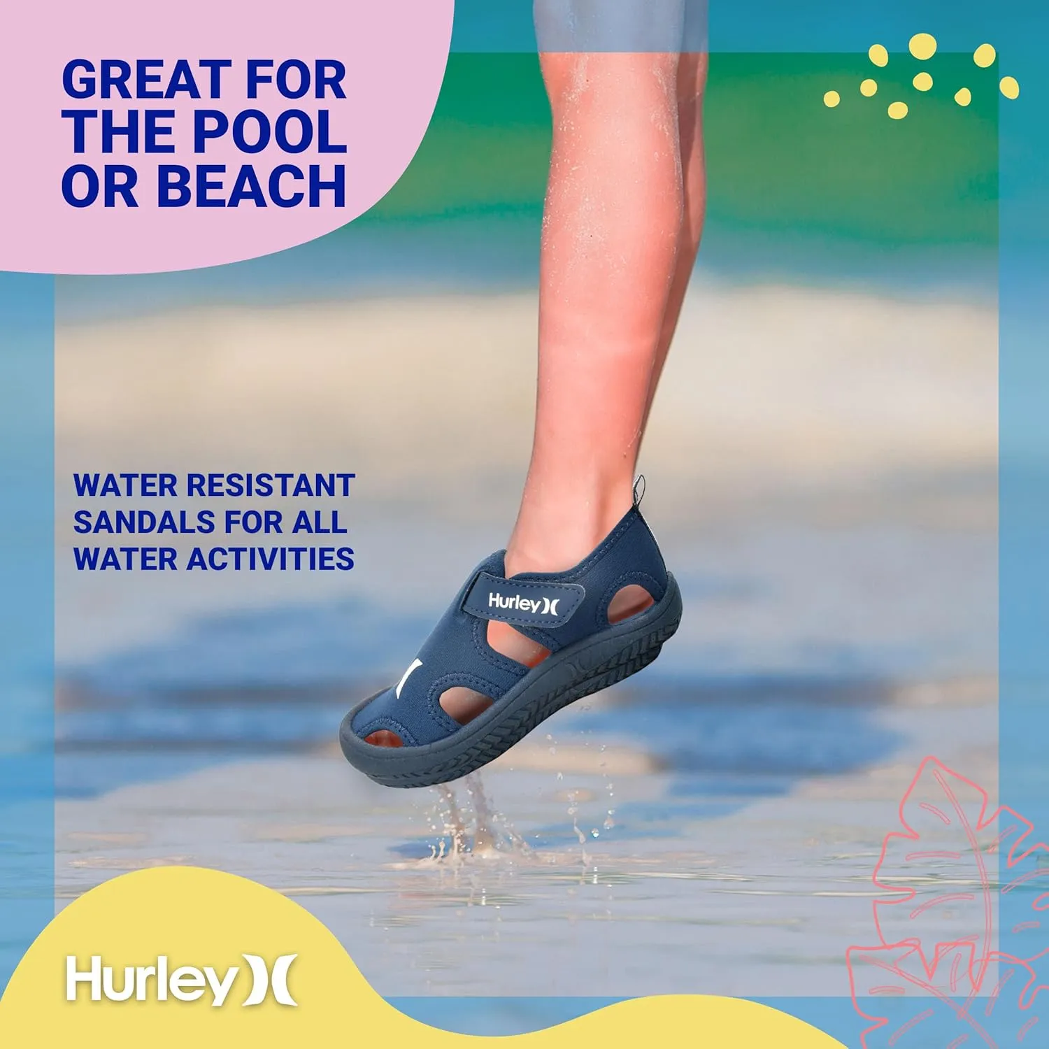 Hurley Kona Toddler Water Shoes - Beach Essentials, Girls and Boys Closed Toe Sandals, Lightweight, Breathable, Kids Water Shoes with Non-Slip Sole and Adjustable Straps, Outdoor Toddler Swim Shoes