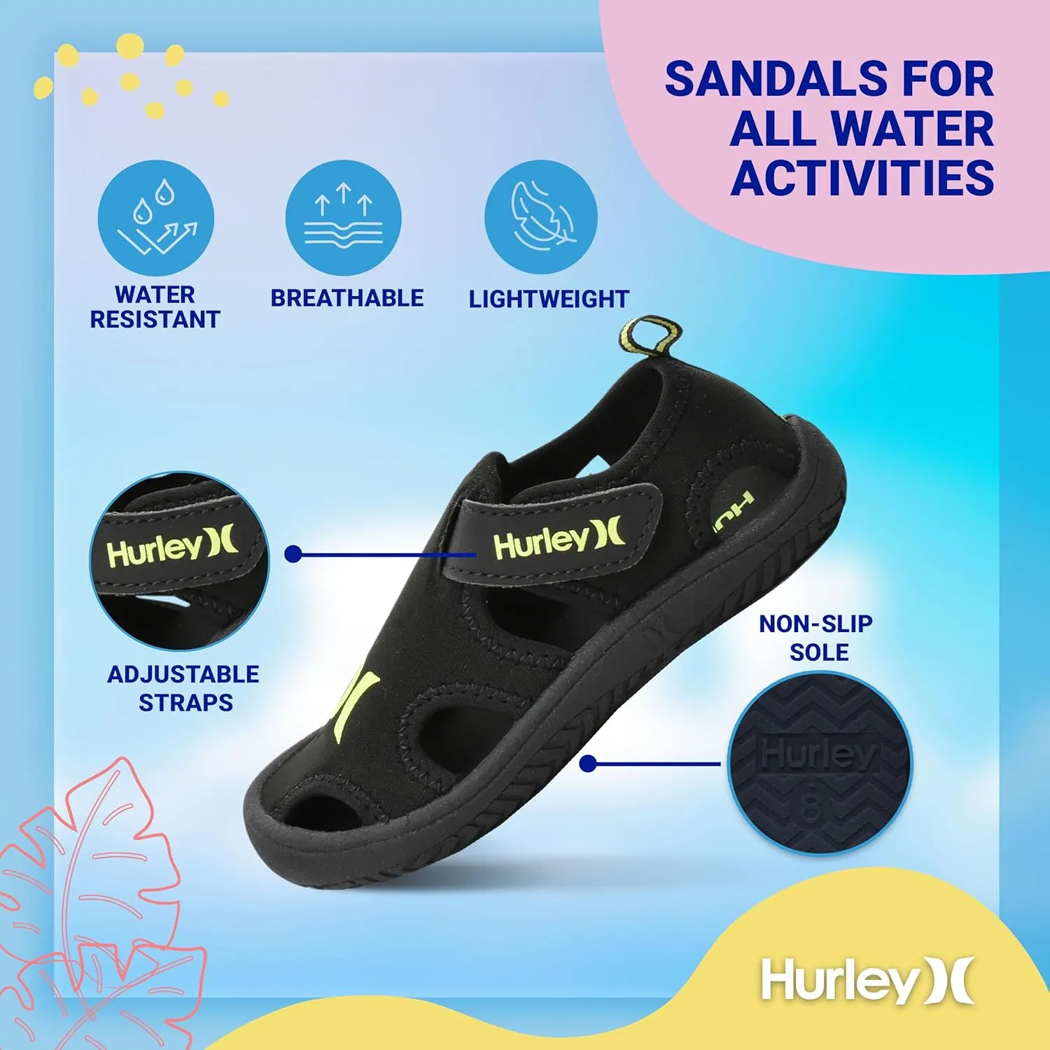 Hurley Kona Toddler Water Shoes - Beach Essentials, Girls and Boys Closed Toe Sandals, Lightweight, Breathable, Kids Water Shoes with Non-Slip Sole and Adjustable Straps, Outdoor Toddler Swim Shoes