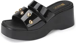 IDIFU IN3 Platform Sandals with Rivets Wedge Sandals for Women Comfortable Square Open Toe Slides Slip On Chunky Sandals Dressy Casual Summer Beach Walking Party Fashion Lightweight Wedges Sandals
