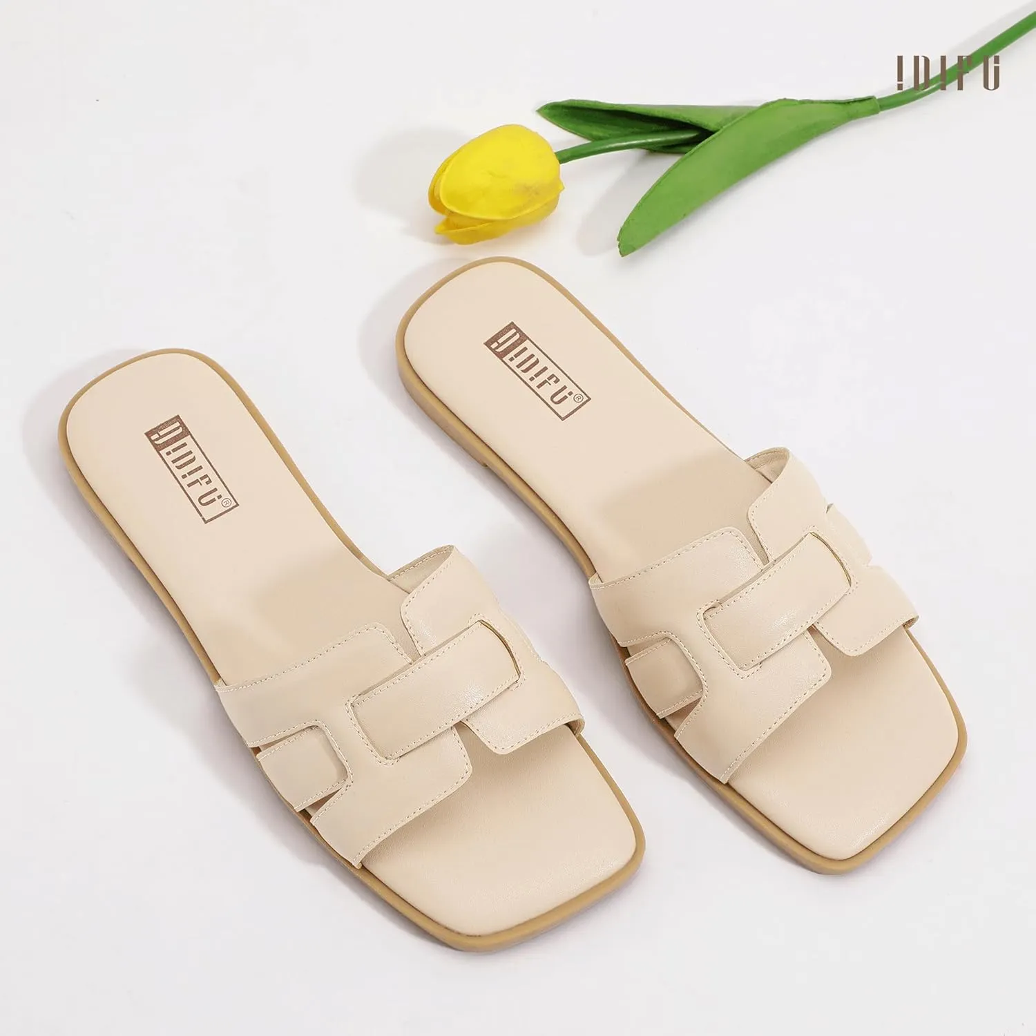 IDIFU Women's Flat Sandals Slip On Open Square Toe Slide Sandals for Women Comfortable Summer Dressy Cute Ladies Casual Trendy Fancy Fashion Cross Strap Beach Wedding Dress Sandals