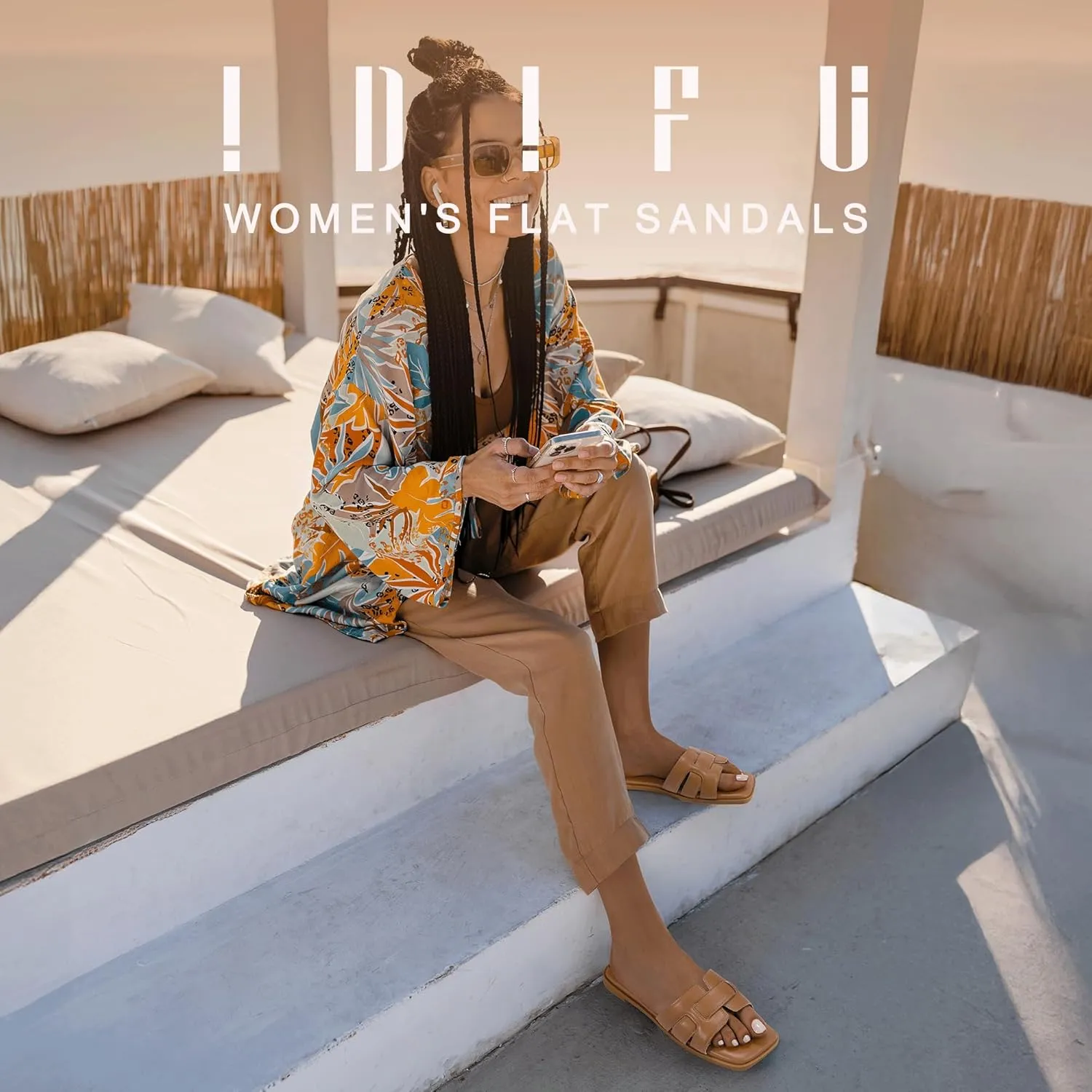 IDIFU Women's Flat Sandals Slip On Open Square Toe Slide Sandals for Women Comfortable Summer Dressy Cute Ladies Casual Trendy Fancy Fashion Cross Strap Beach Wedding Dress Sandals