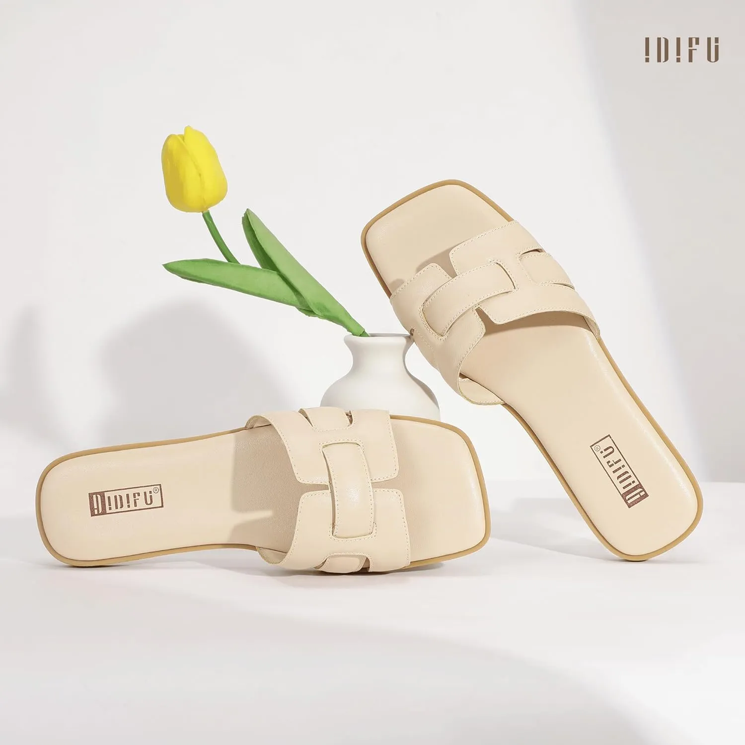 IDIFU Women's Flat Sandals Slip On Open Square Toe Slide Sandals for Women Comfortable Summer Dressy Cute Ladies Casual Trendy Fancy Fashion Cross Strap Beach Wedding Dress Sandals