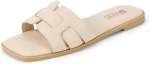 IDIFU Women's Flat Sandals Slip On Open Square Toe Slide Sandals for Women Comfortable Summer Dressy Cute Ladies Casual Trendy Fancy Fashion Cross Strap Beach Wedding Dress Sandals