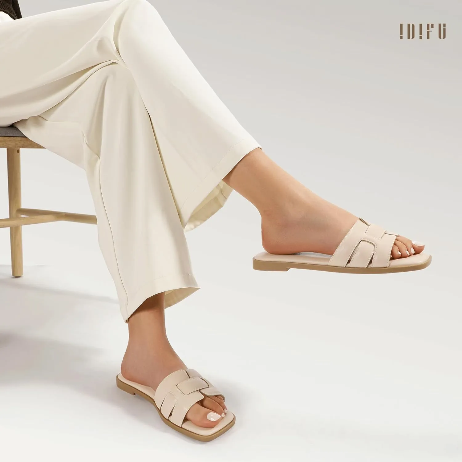 IDIFU Women's Flat Sandals Slip On Open Square Toe Slide Sandals for Women Comfortable Summer Dressy Cute Ladies Casual Trendy Fancy Fashion Cross Strap Beach Wedding Dress Sandals