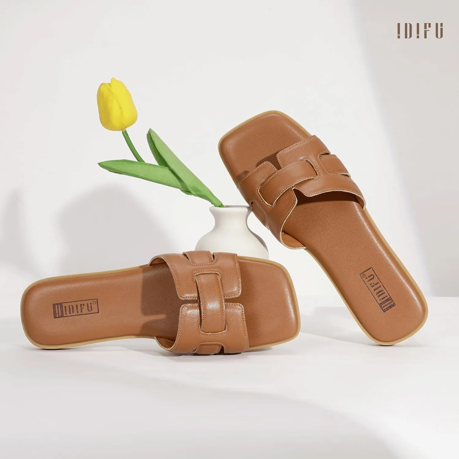 IDIFU Women's Flat Sandals Slip On Open Square Toe Slide Sandals for Women Comfortable Summer Dressy Cute Ladies Casual Trendy Fancy Fashion Cross Strap Beach Wedding Dress Sandals
