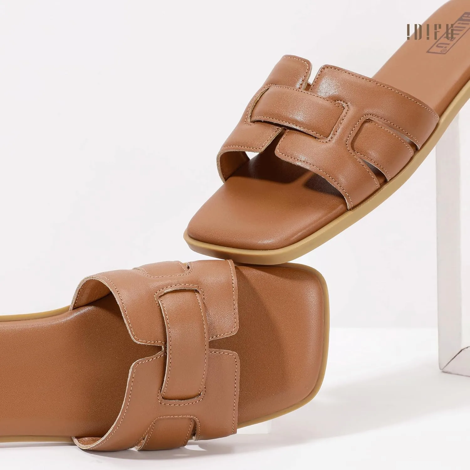 IDIFU Women's Flat Sandals Slip On Open Square Toe Slide Sandals for Women Comfortable Summer Dressy Cute Ladies Casual Trendy Fancy Fashion Cross Strap Beach Wedding Dress Sandals