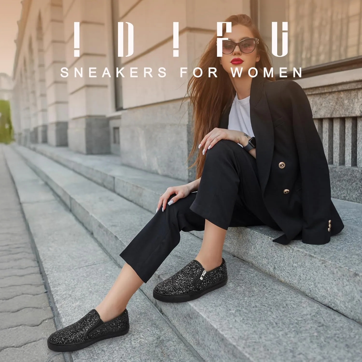 IDIFU Women's Glitter Sneakers Sparkly Sequin Slip On Tennis Shoes Ladies Bride Casual Comfortable Dressy Trendy Cute Fashion Sneakers Wedding Low Top Bling Flat Loafers Sneakers Shoes