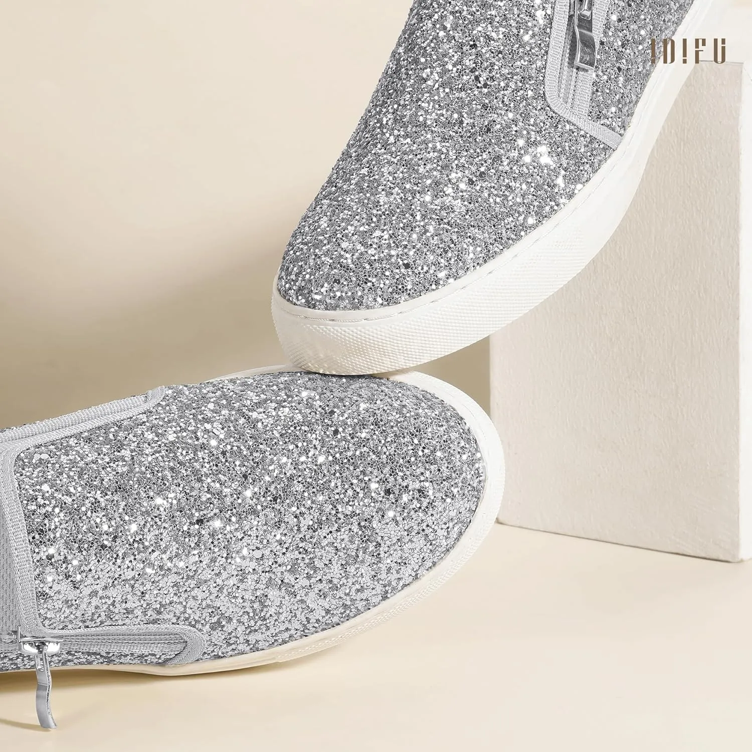 IDIFU Women's Glitter Sneakers Sparkly Sequin Slip On Tennis Shoes Ladies Bride Casual Comfortable Dressy Trendy Cute Fashion Sneakers Wedding Low Top Bling Flat Loafers Sneakers Shoes