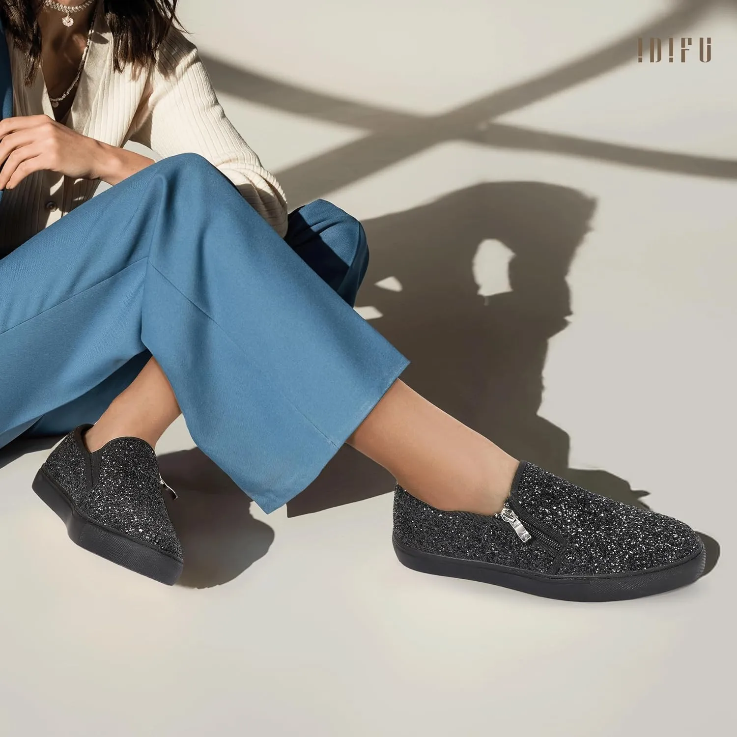 IDIFU Women's Glitter Sneakers Sparkly Sequin Slip On Tennis Shoes Ladies Bride Casual Comfortable Dressy Trendy Cute Fashion Sneakers Wedding Low Top Bling Flat Loafers Sneakers Shoes