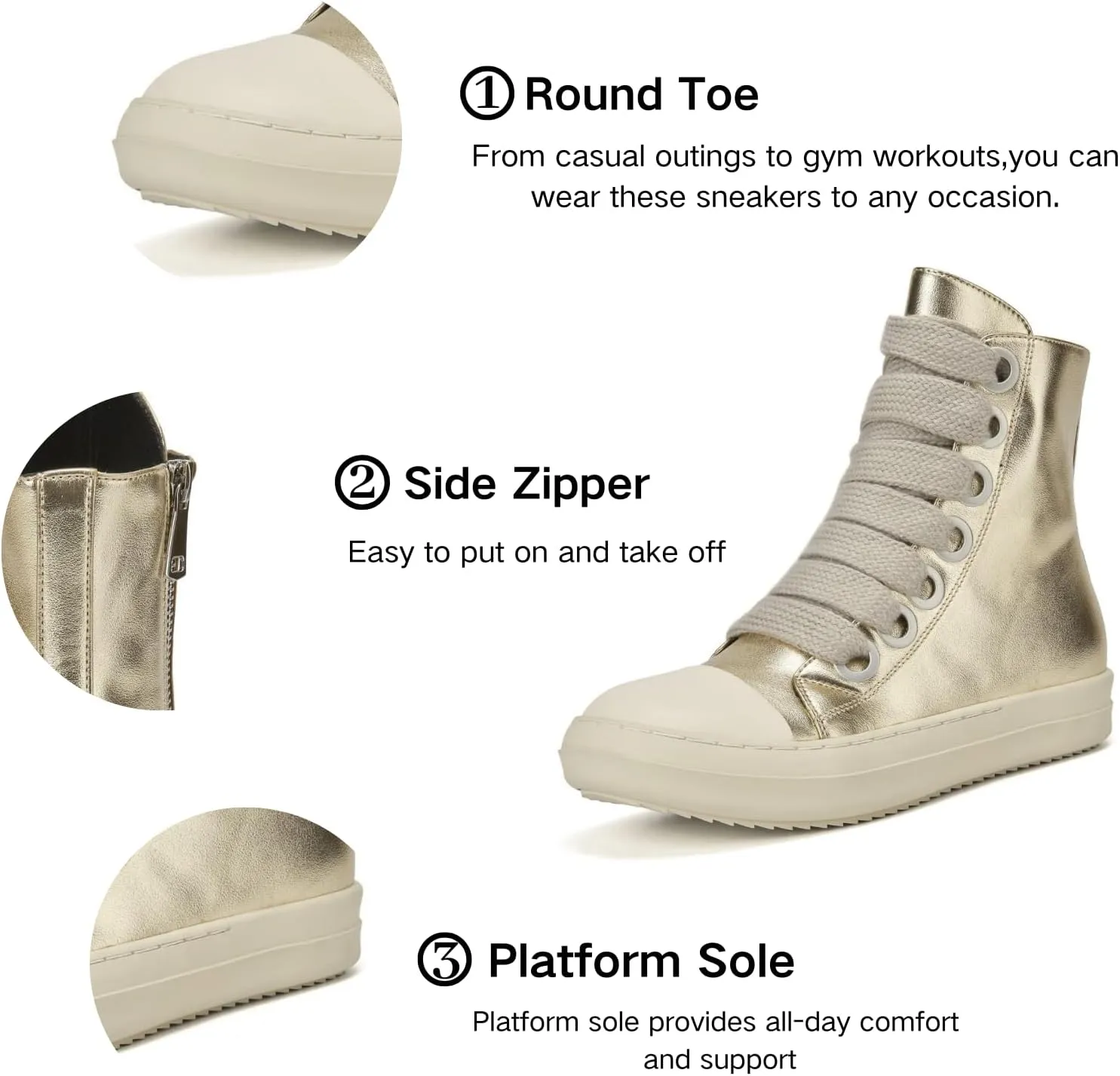 IMPREMEY Women's High Top Sneakers Lace Up PU Leather Shoes with Thick Soles and Zipper, Fashionable Walking Shoes