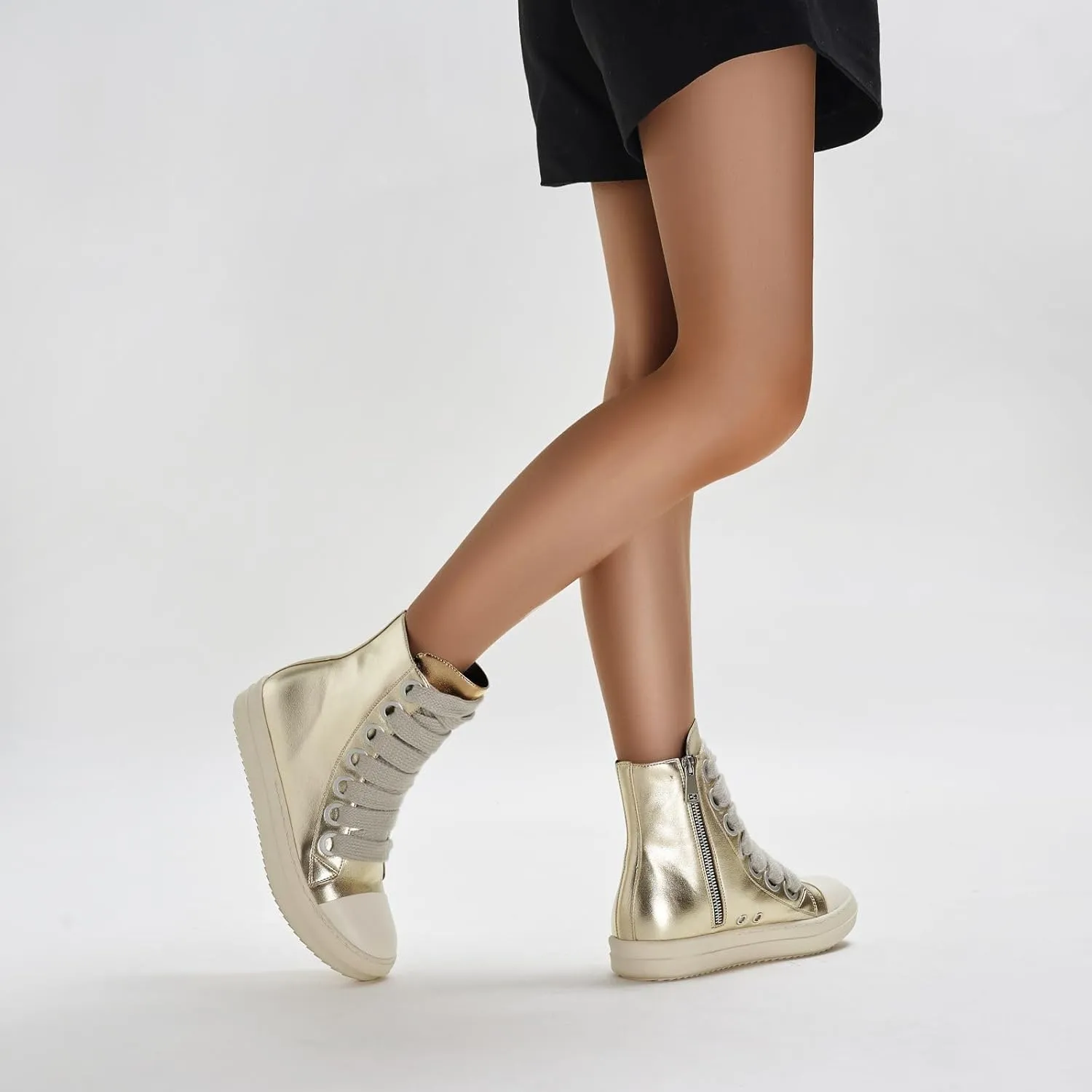 IMPREMEY Women's High Top Sneakers Lace Up PU Leather Shoes with Thick Soles and Zipper, Fashionable Walking Shoes