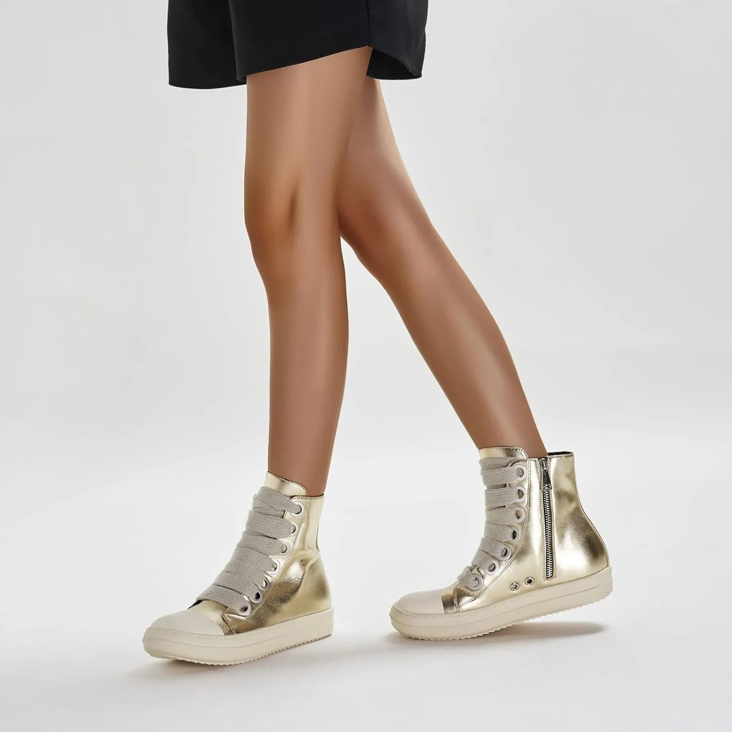 IMPREMEY Women's High Top Sneakers Lace Up PU Leather Shoes with Thick Soles and Zipper, Fashionable Walking Shoes