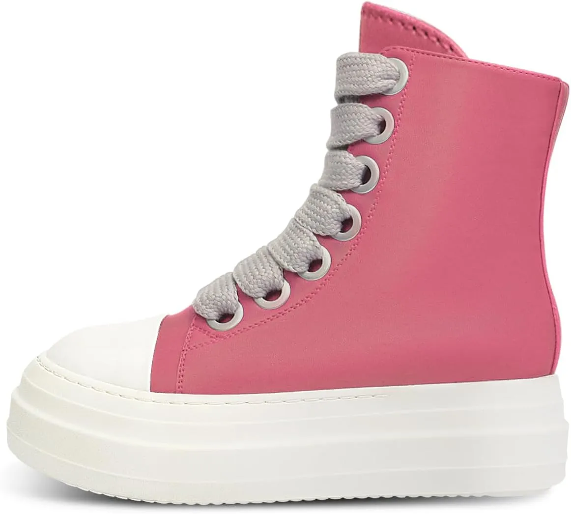 IMPREMEY Women's High Top Sneakers Lace Up PU Leather Shoes with Thick Soles and Zipper Rough Tape, Fashionable Walking Shoes