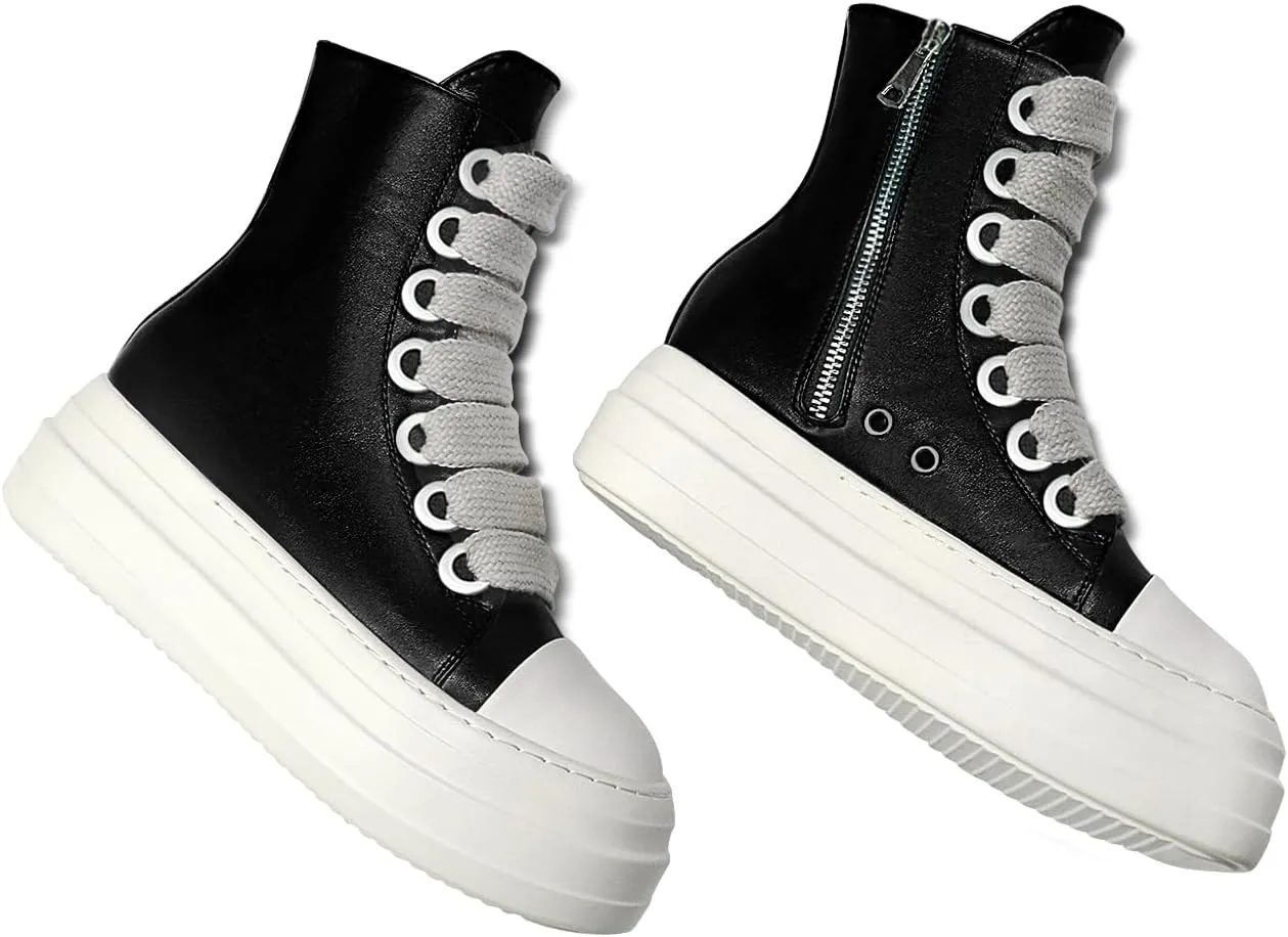 IMPREMEY Women's High Top Sneakers Lace Up PU Leather Shoes with Thick Soles and Zipper Rough Tape, Fashionable Walking Shoes
