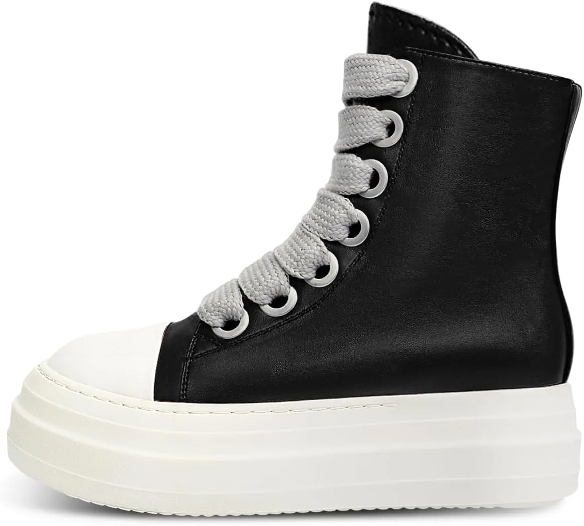 IMPREMEY Women's High Top Sneakers Lace Up PU Leather Shoes with Thick Soles and Zipper Rough Tape, Fashionable Walking Shoes
