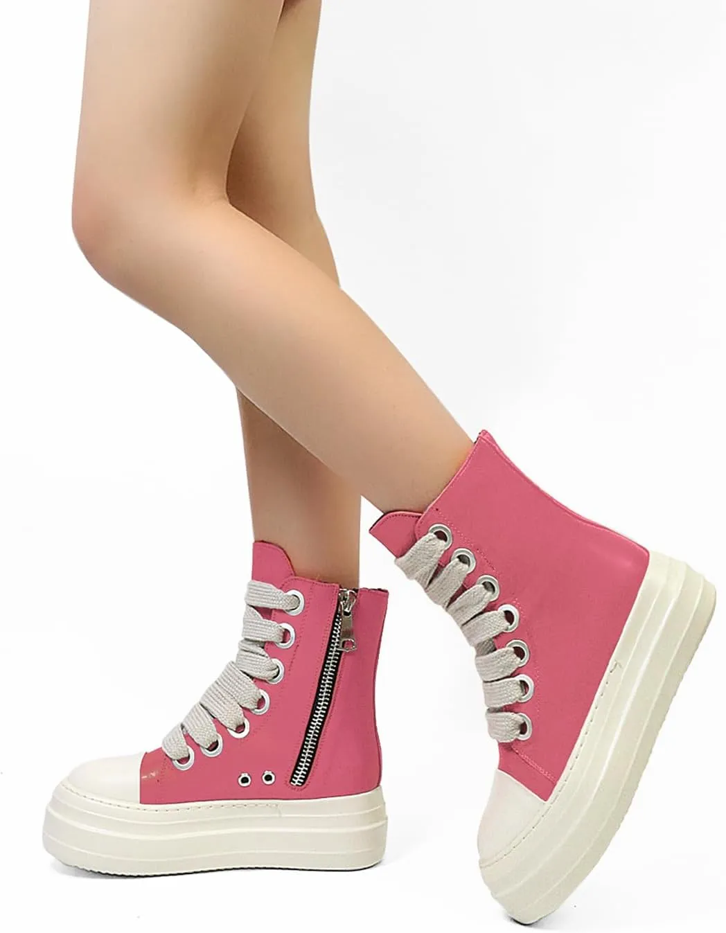 IMPREMEY Women's High Top Sneakers Lace Up PU Leather Shoes with Thick Soles and Zipper Rough Tape, Fashionable Walking Shoes