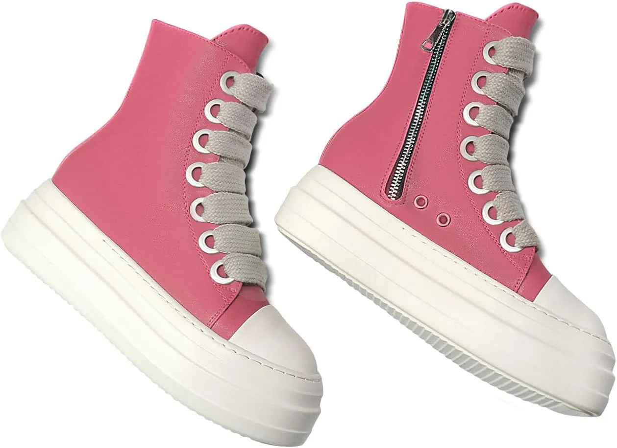 IMPREMEY Women's High Top Sneakers Lace Up PU Leather Shoes with Thick Soles and Zipper Rough Tape, Fashionable Walking Shoes