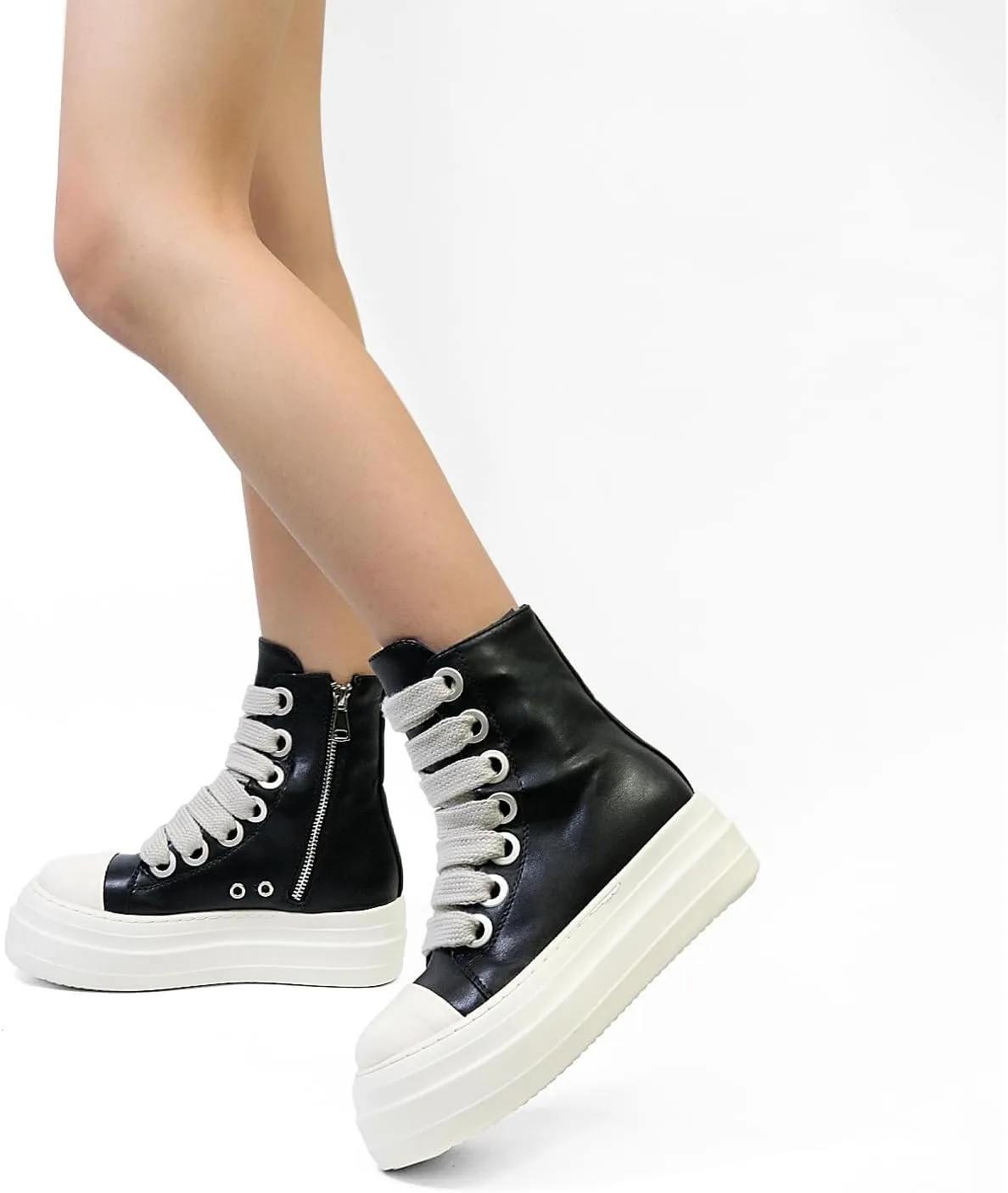 IMPREMEY Women's High Top Sneakers Lace Up PU Leather Shoes with Thick Soles and Zipper Rough Tape, Fashionable Walking Shoes
