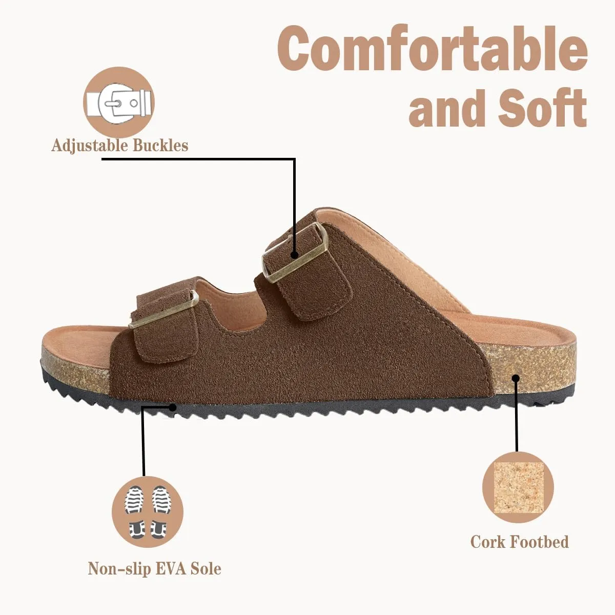 Intini Womens Mens Cork Footbed Slide Sandals Suede Leather Flat Sandals Arch Support Slip on Summer Open Toe Outdoor Slippers with Adjustable Buckle