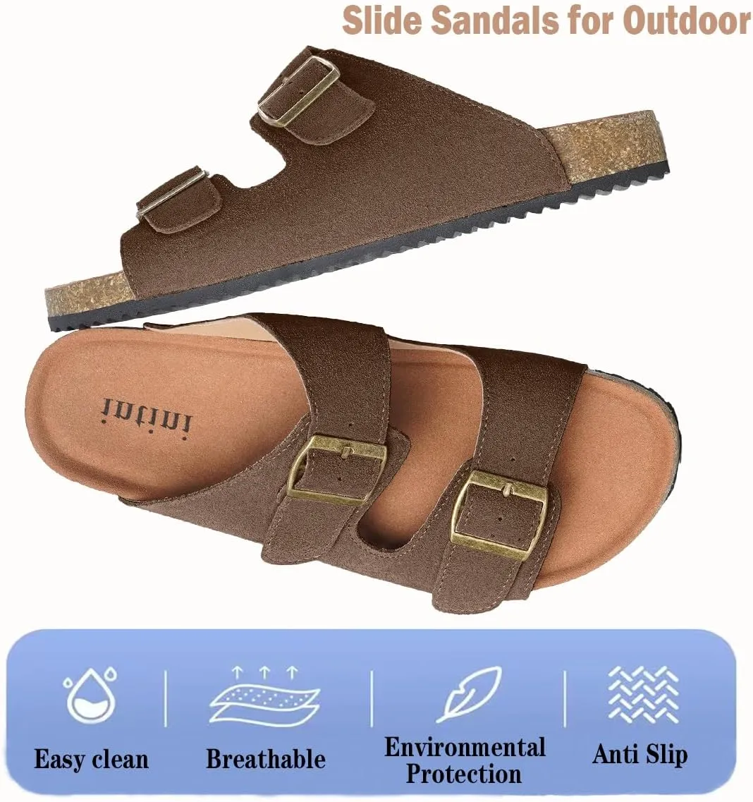 Intini Womens Mens Cork Footbed Slide Sandals Suede Leather Flat Sandals Arch Support Slip on Summer Open Toe Outdoor Slippers with Adjustable Buckle