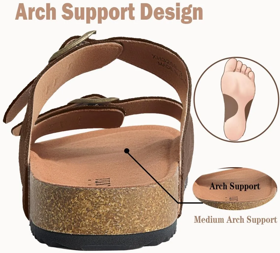 Intini Womens Mens Cork Footbed Slide Sandals Suede Leather Flat Sandals Arch Support Slip on Summer Open Toe Outdoor Slippers with Adjustable Buckle