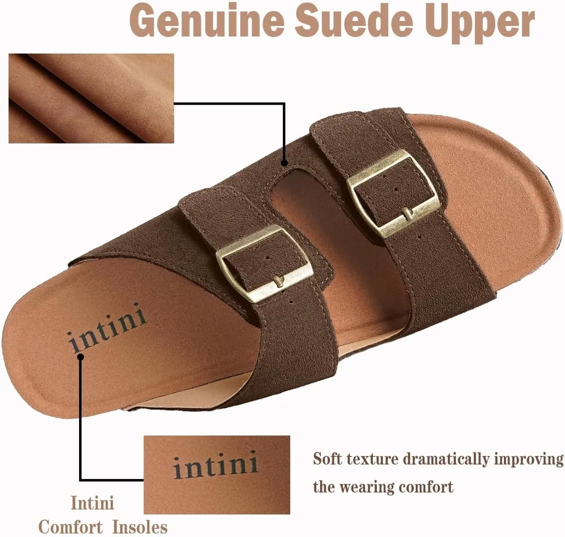Intini Womens Mens Cork Footbed Slide Sandals Suede Leather Flat Sandals Arch Support Slip on Summer Open Toe Outdoor Slippers with Adjustable Buckle