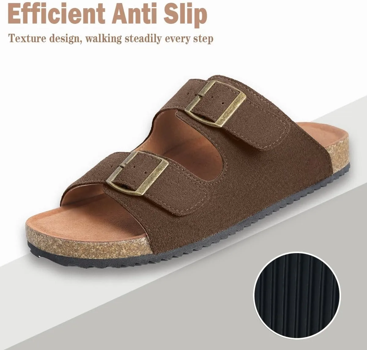 Intini Womens Mens Cork Footbed Slide Sandals Suede Leather Flat Sandals Arch Support Slip on Summer Open Toe Outdoor Slippers with Adjustable Buckle