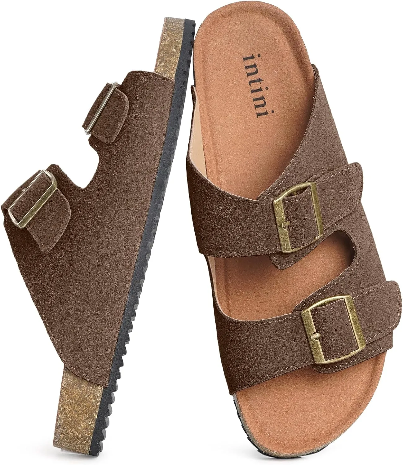 Intini Womens Mens Cork Footbed Slide Sandals Suede Leather Flat Sandals Arch Support Slip on Summer Open Toe Outdoor Slippers with Adjustable Buckle