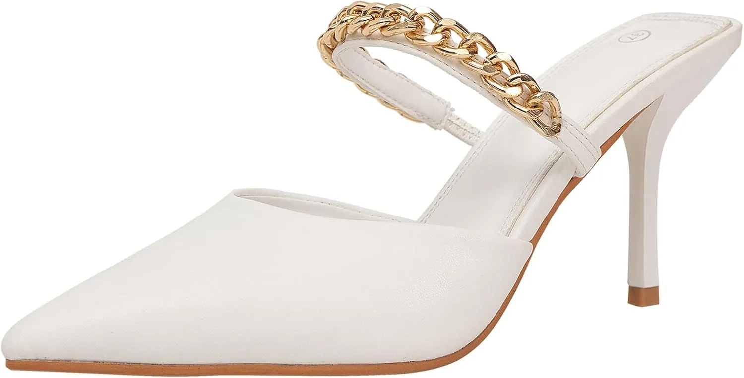 Jeesay Women's Pointed Toe Mules Stilettos Heels Sandals Slip on Gold Chains Mary Jane Dress Pumps