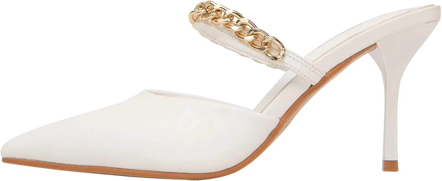 Jeesay Women's Pointed Toe Mules Stilettos Heels Sandals Slip on Gold Chains Mary Jane Dress Pumps