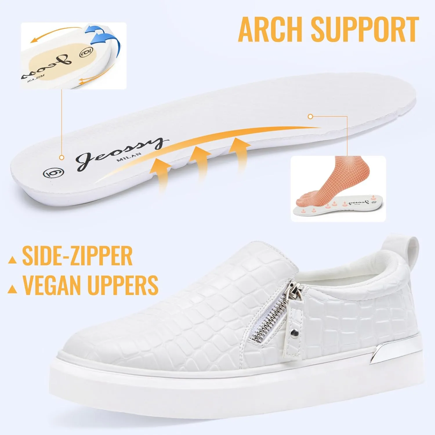Jeossy Women's Slip On Shoes Casual Fashion Sneakers 8010 Arch Support Loafers for Women with Zipper