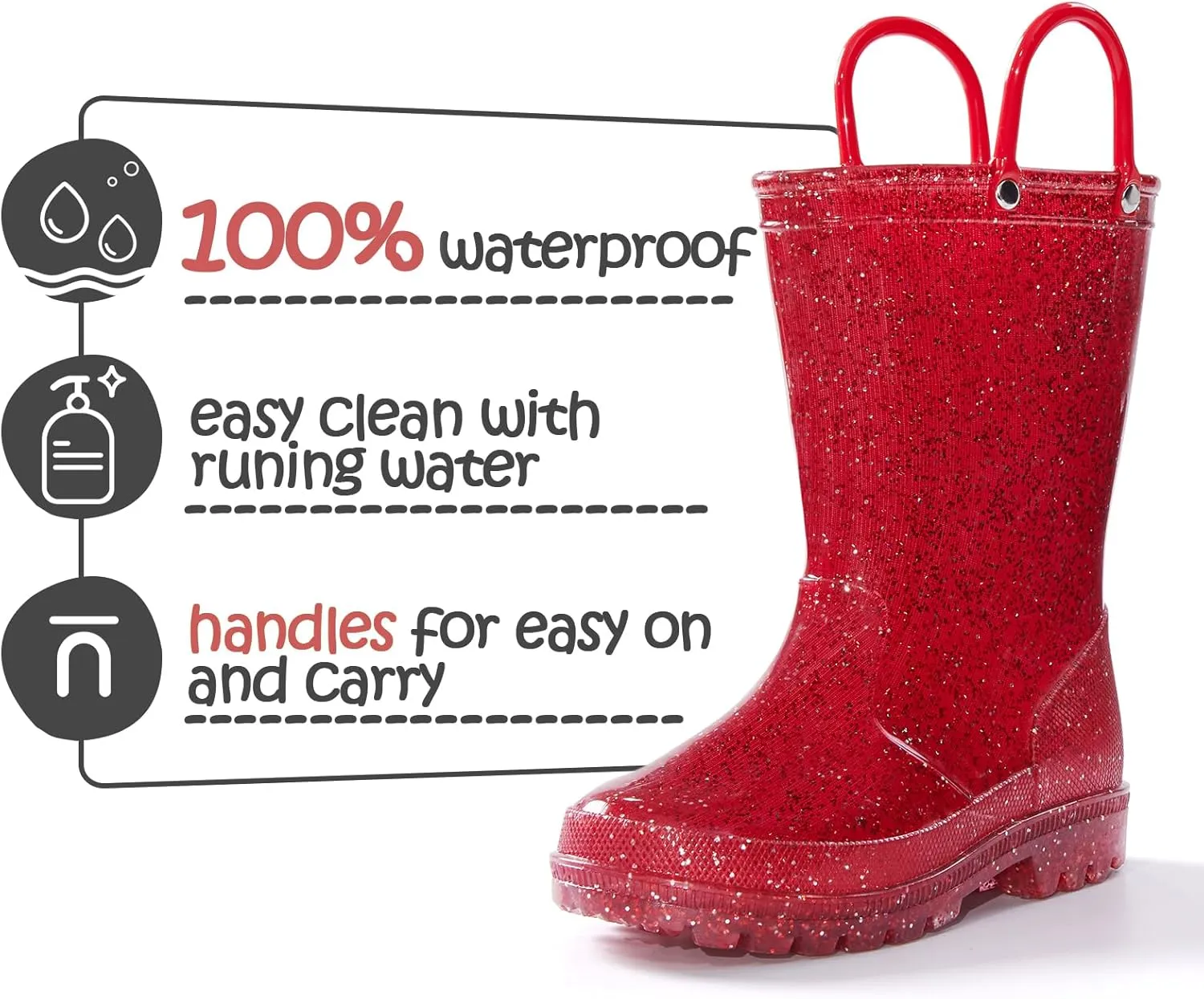 K KomForme Girls Rain Boots,Kids Glitter Waterproof Boots with Easy-on Handles