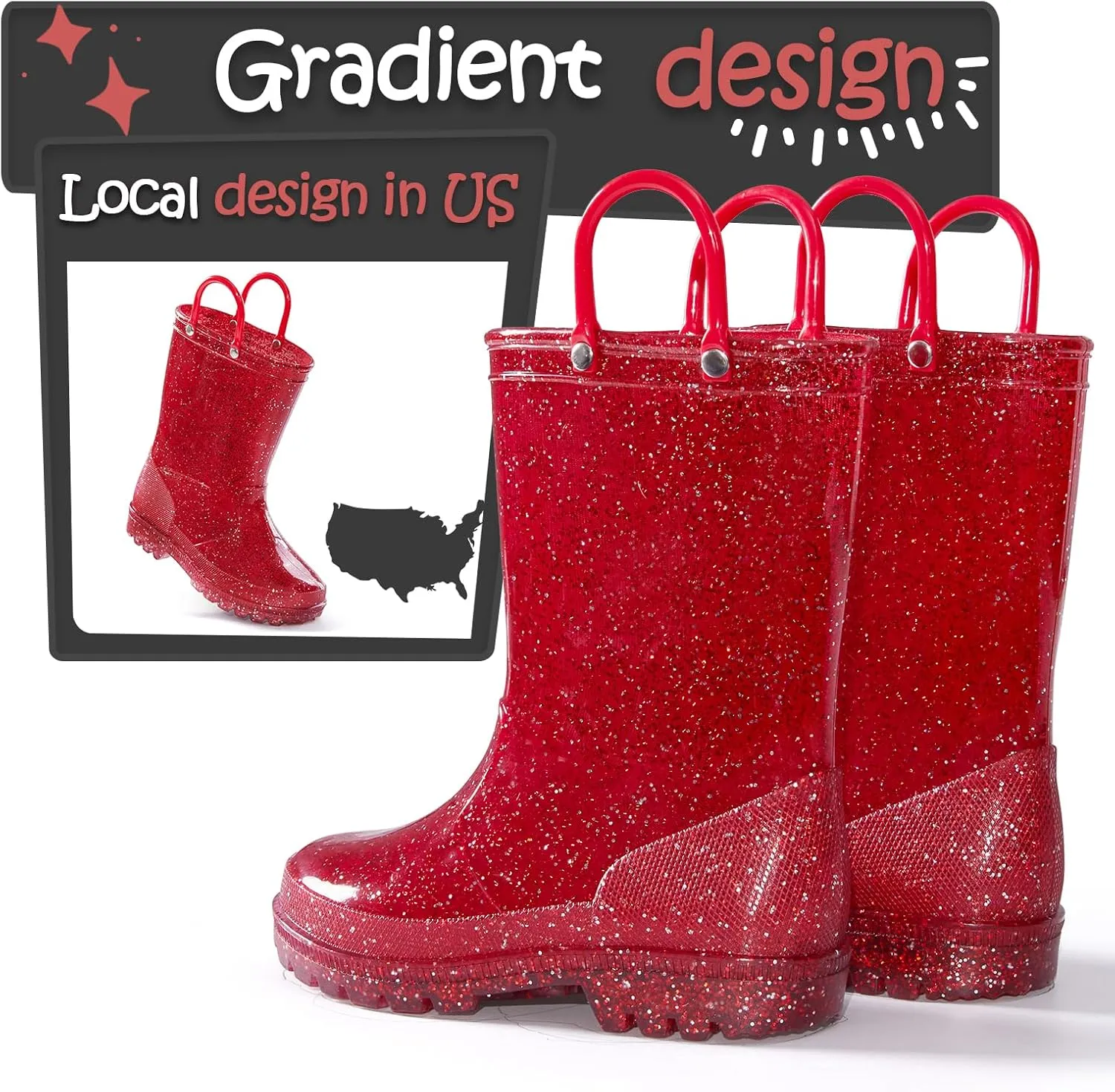 K KomForme Girls Rain Boots,Kids Glitter Waterproof Boots with Easy-on Handles