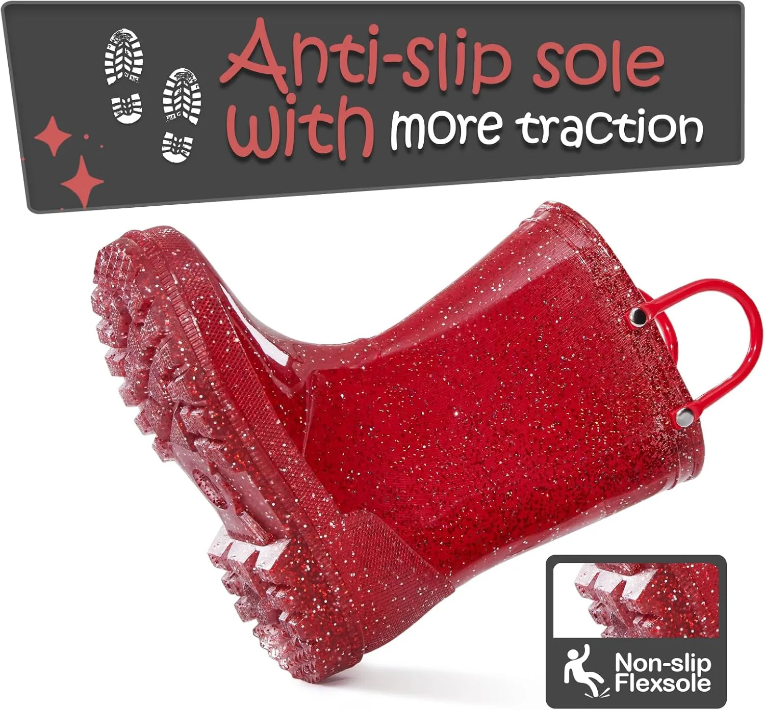K KomForme Girls Rain Boots,Kids Glitter Waterproof Boots with Easy-on Handles