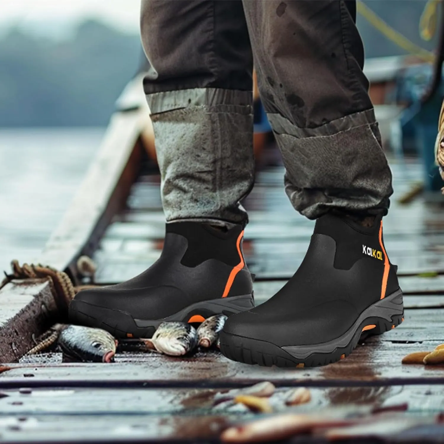 Kalkal Men's Rubber Boots, Waterproof Ankle Rain Boots, Insulated Working Booties with Comfortable Sports Sole, Outdoor Mud Boots for Yard Chore