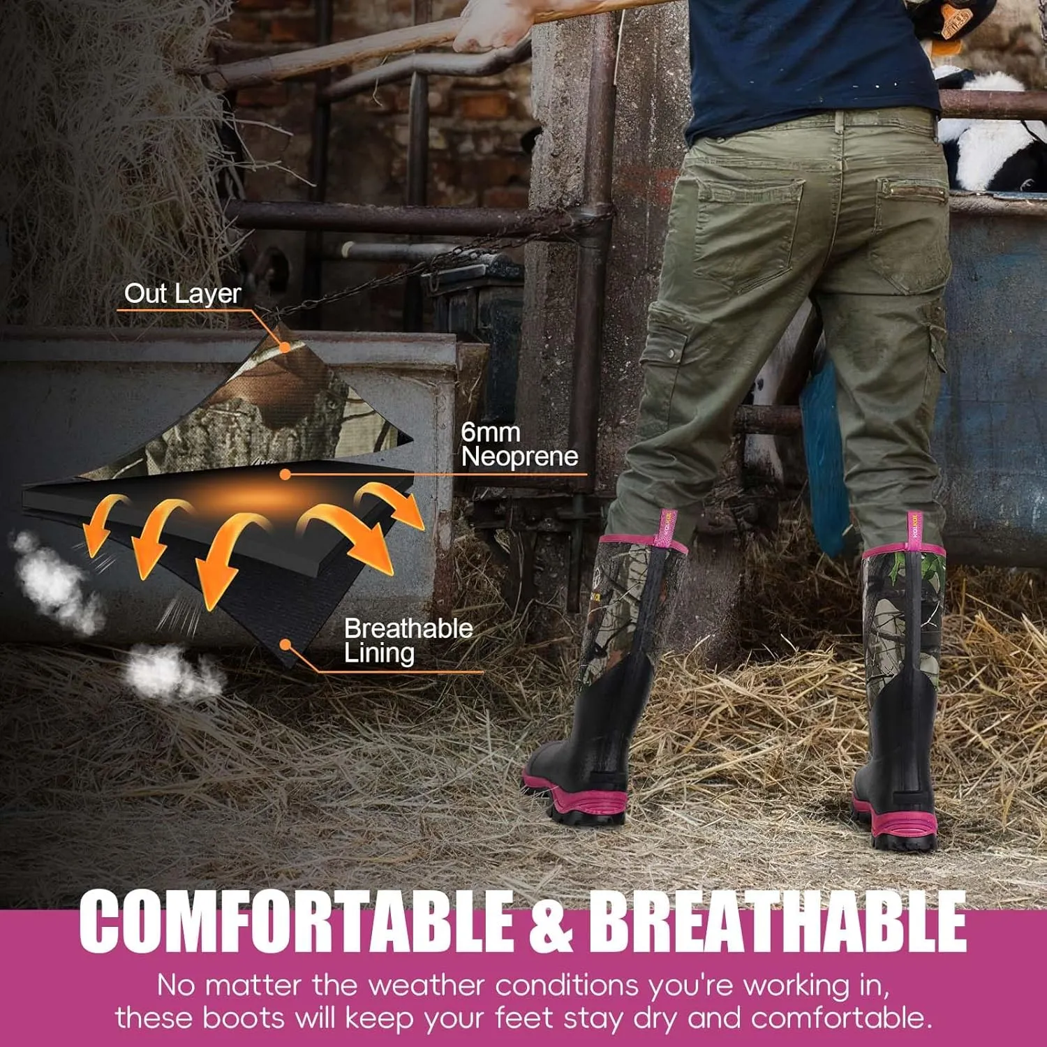 Kalkal Rubber Boots for Women, Sturdy Insulated Womens Waterproof Boots, Lightweight Anti-slip Tall Mud Rain Boots for Outdoor Gardening Farming Hunting (Size 6-11)