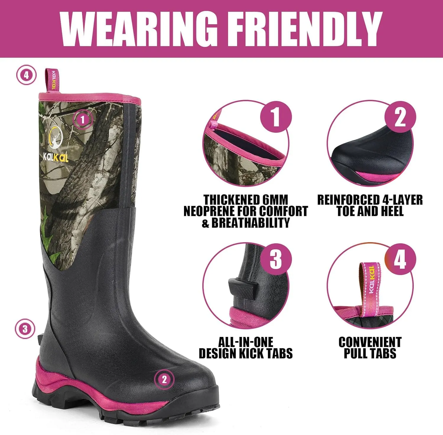 Kalkal Rubber Boots for Women, Sturdy Insulated Womens Waterproof Boots, Lightweight Anti-slip Tall Mud Rain Boots for Outdoor Gardening Farming Hunting (Size 6-11)
