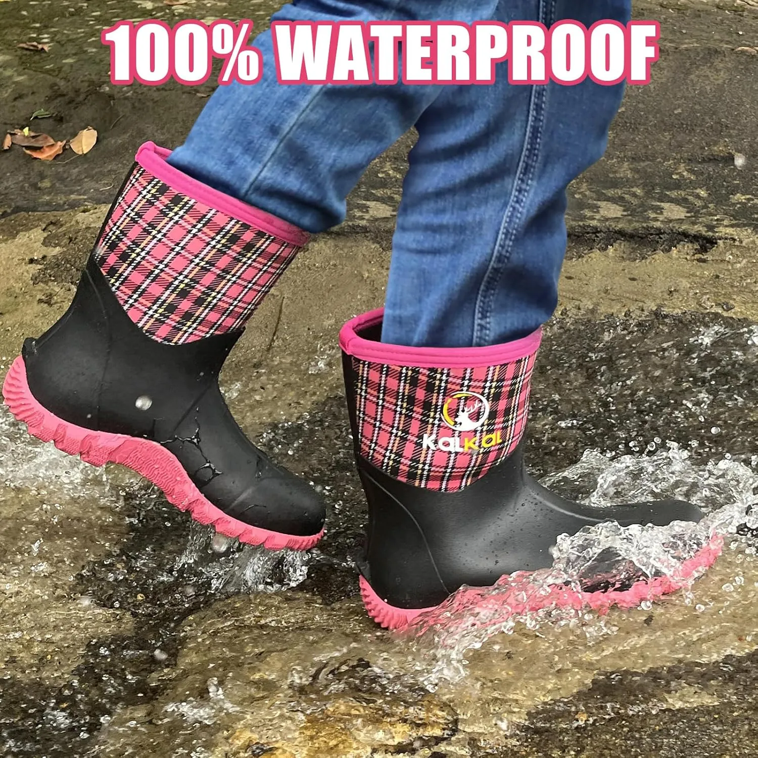 Kalkal Rubber Boots for Women, Waterproof Mid Calf Women Rain Boots with Steel Shank, 6mm Neoprene Insulated Rubber Garden Boots for Women Mud Working Farming Fishing