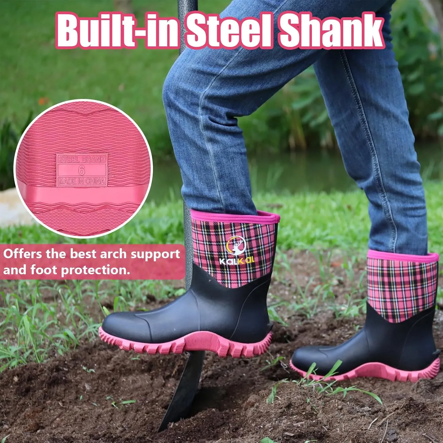 Kalkal Rubber Boots for Women, Waterproof Mid Calf Women Rain Boots with Steel Shank, 6mm Neoprene Insulated Rubber Garden Boots for Women Mud Working Farming Fishing
