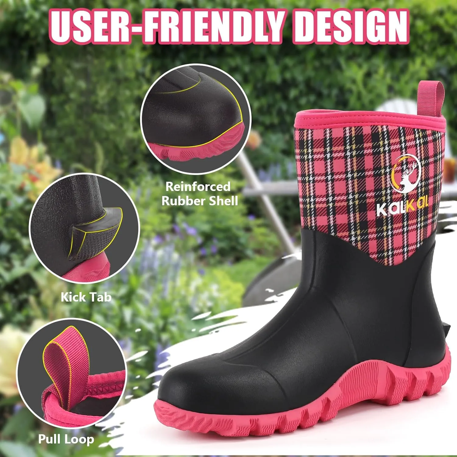 Kalkal Rubber Boots for Women, Waterproof Mid Calf Women Rain Boots with Steel Shank, 6mm Neoprene Insulated Rubber Garden Boots for Women Mud Working Farming Fishing