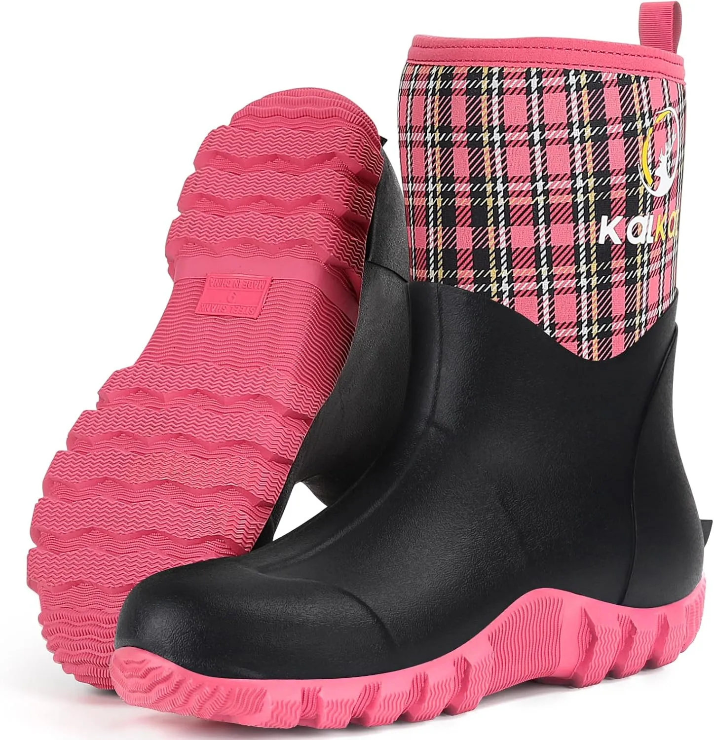 Kalkal Rubber Boots for Women, Waterproof Mid Calf Women Rain Boots with Steel Shank, 6mm Neoprene Insulated Rubber Garden Boots for Women Mud Working Farming Fishing