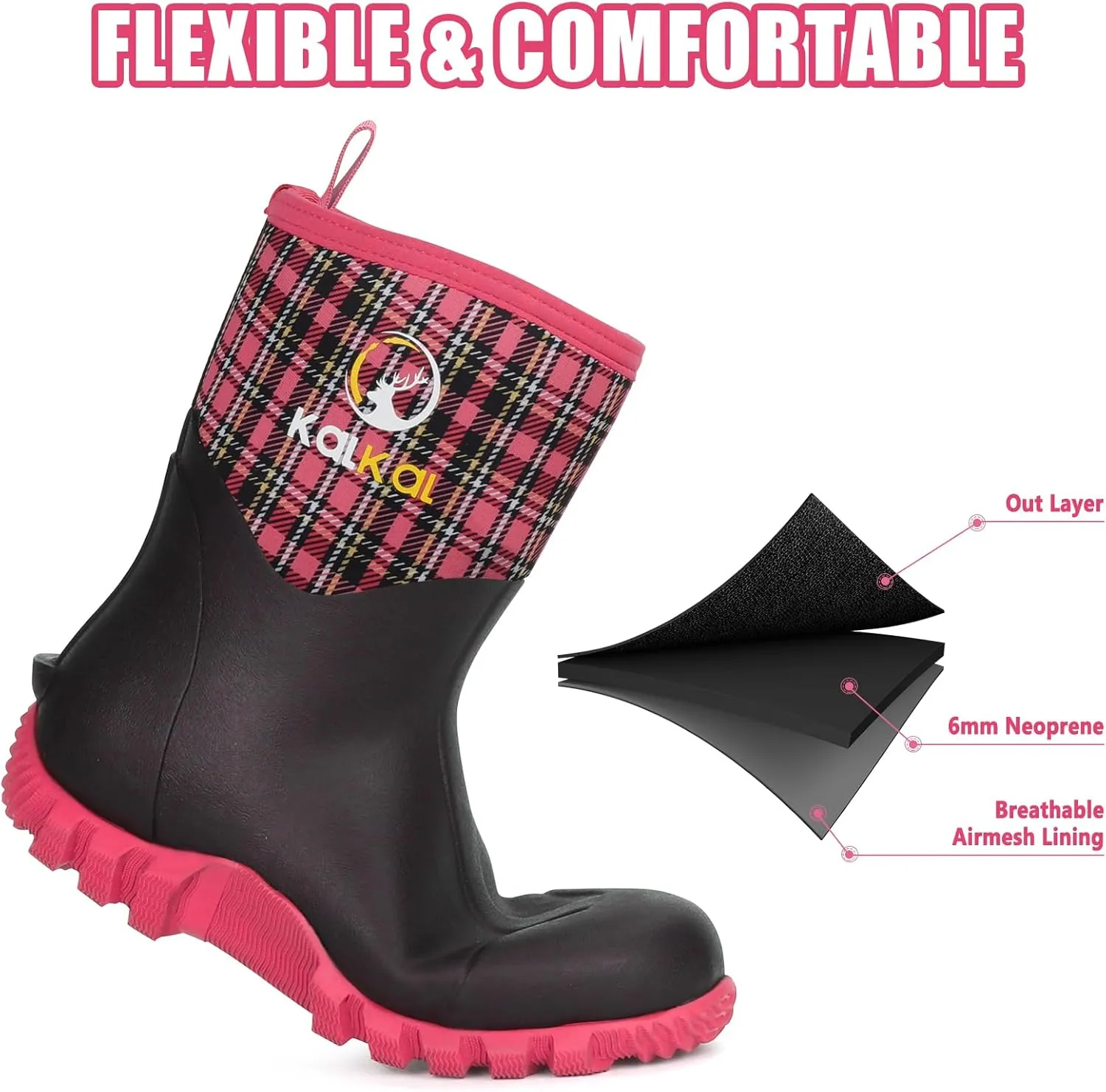 Kalkal Rubber Boots for Women, Waterproof Mid Calf Women Rain Boots with Steel Shank, 6mm Neoprene Insulated Rubber Garden Boots for Women Mud Working Farming Fishing