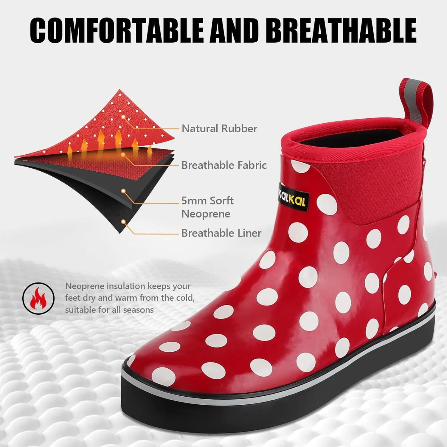 Kalkal Womens Rain Boots Ankle Waterproof Deck Boots, Anti-Slip Girl Boots for Fishing Daily Working Farming