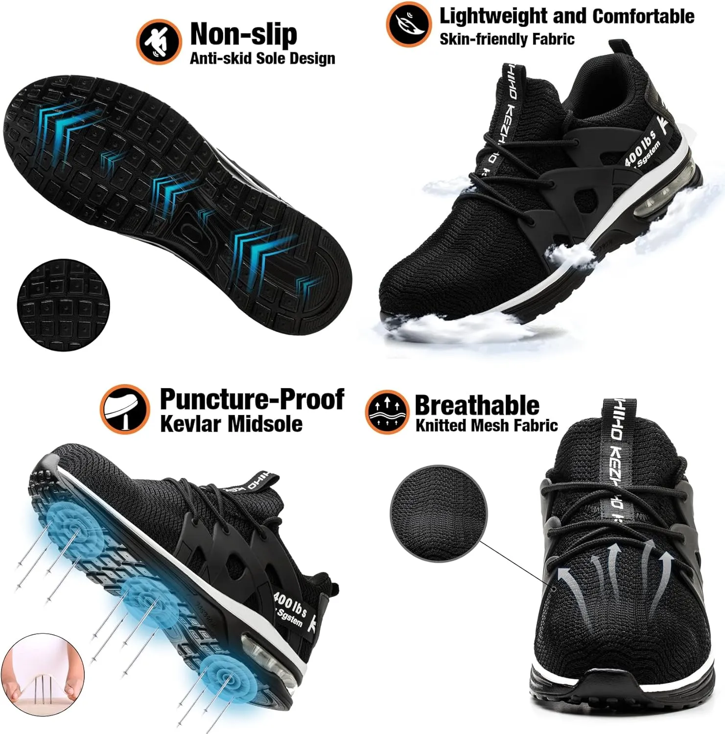 Kezhiho Steel Toe Shoes for Women Air Cushion Lightweight Work Shoes Comfortable Breathable Puncture Proof Slip Resistant Sneakers Indestructible Construction Industrial Safety Shoes