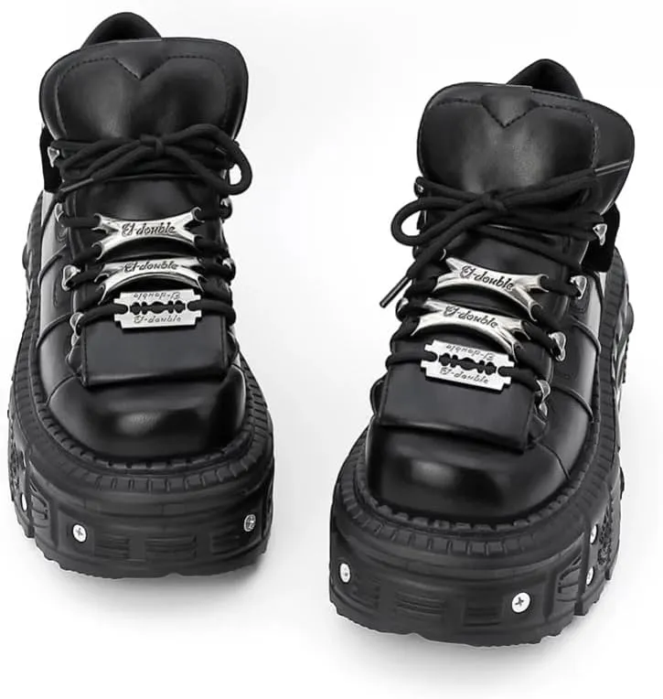 Kluolandi Women's Platform Biker Boots Square Toe Lace Up Motorcycle Boots Black Metal Combat Goth Booties