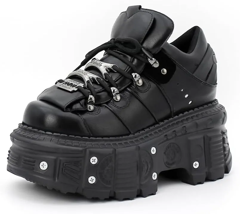 Kluolandi Women's Platform Biker Boots Square Toe Lace Up Motorcycle Boots Black Metal Combat Goth Booties