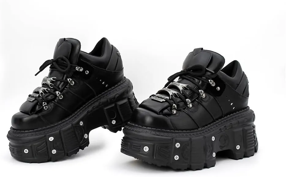 Kluolandi Women's Platform Biker Boots Square Toe Lace Up Motorcycle Boots Black Metal Combat Goth Booties